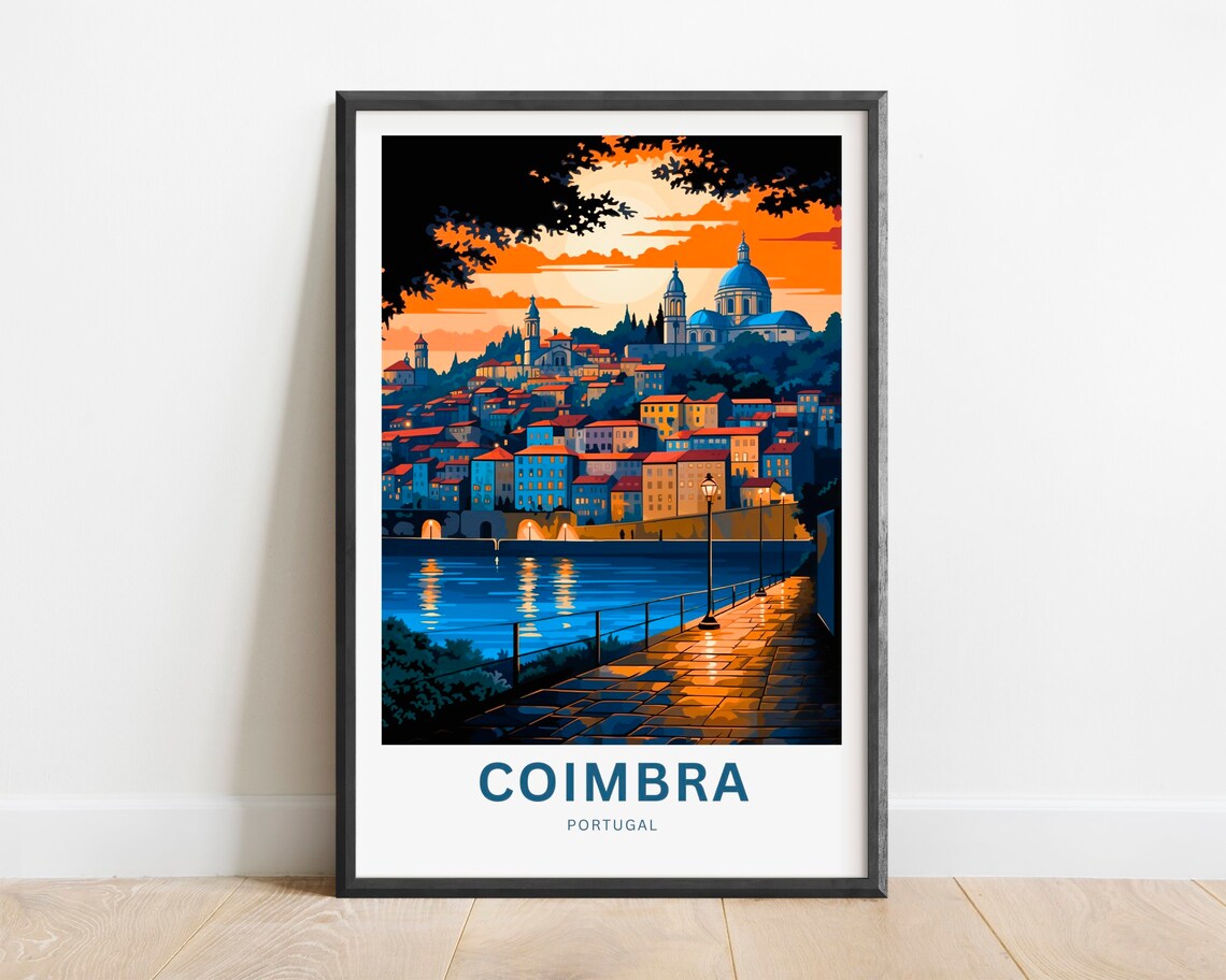 Coimbra Portugal Riverside Sunset Promenade Evening Travel Poster