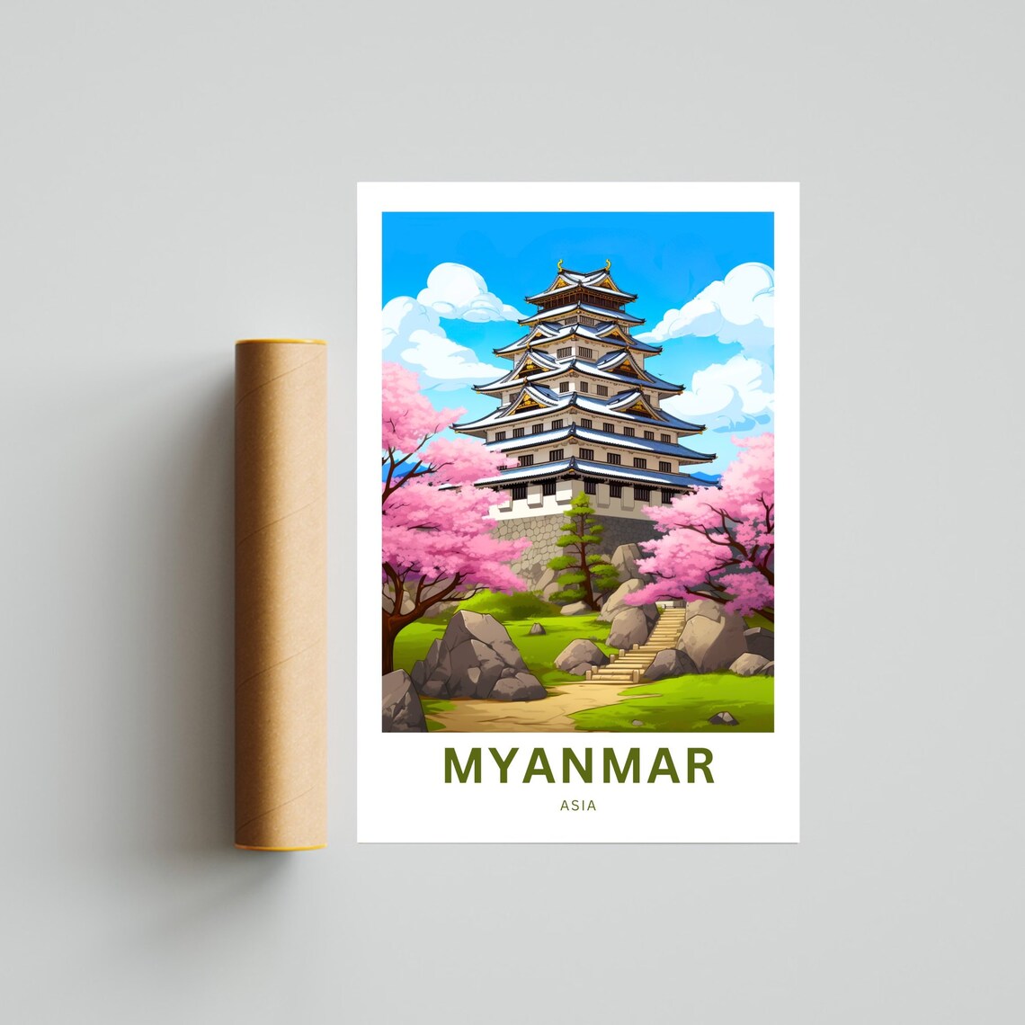 Myanmar Asia Pagoda Tower Cherry Blossom Spring Travel Poster - Image 4