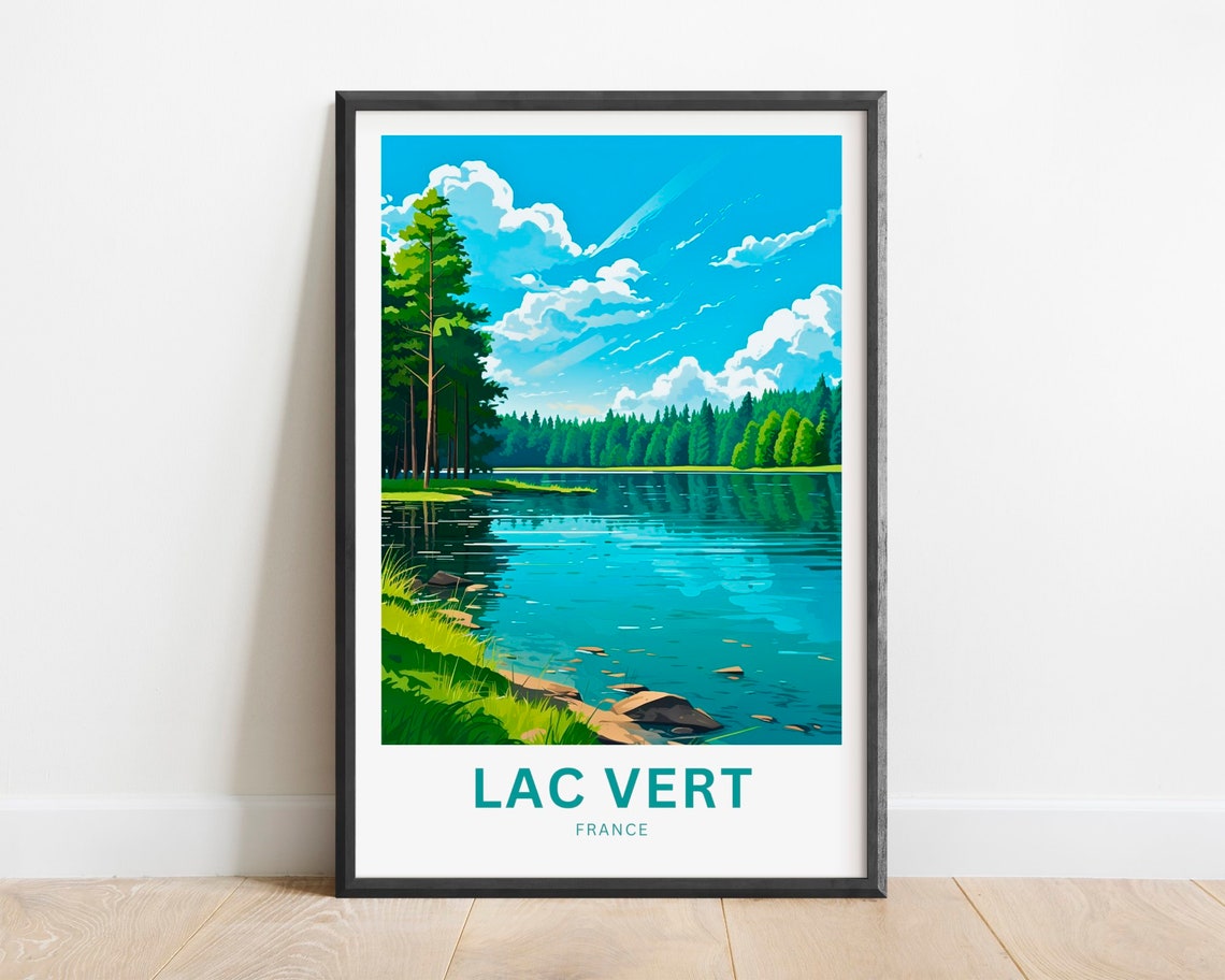 Lac Vert France Forest Lake Reflection Retro Travel Poster Art