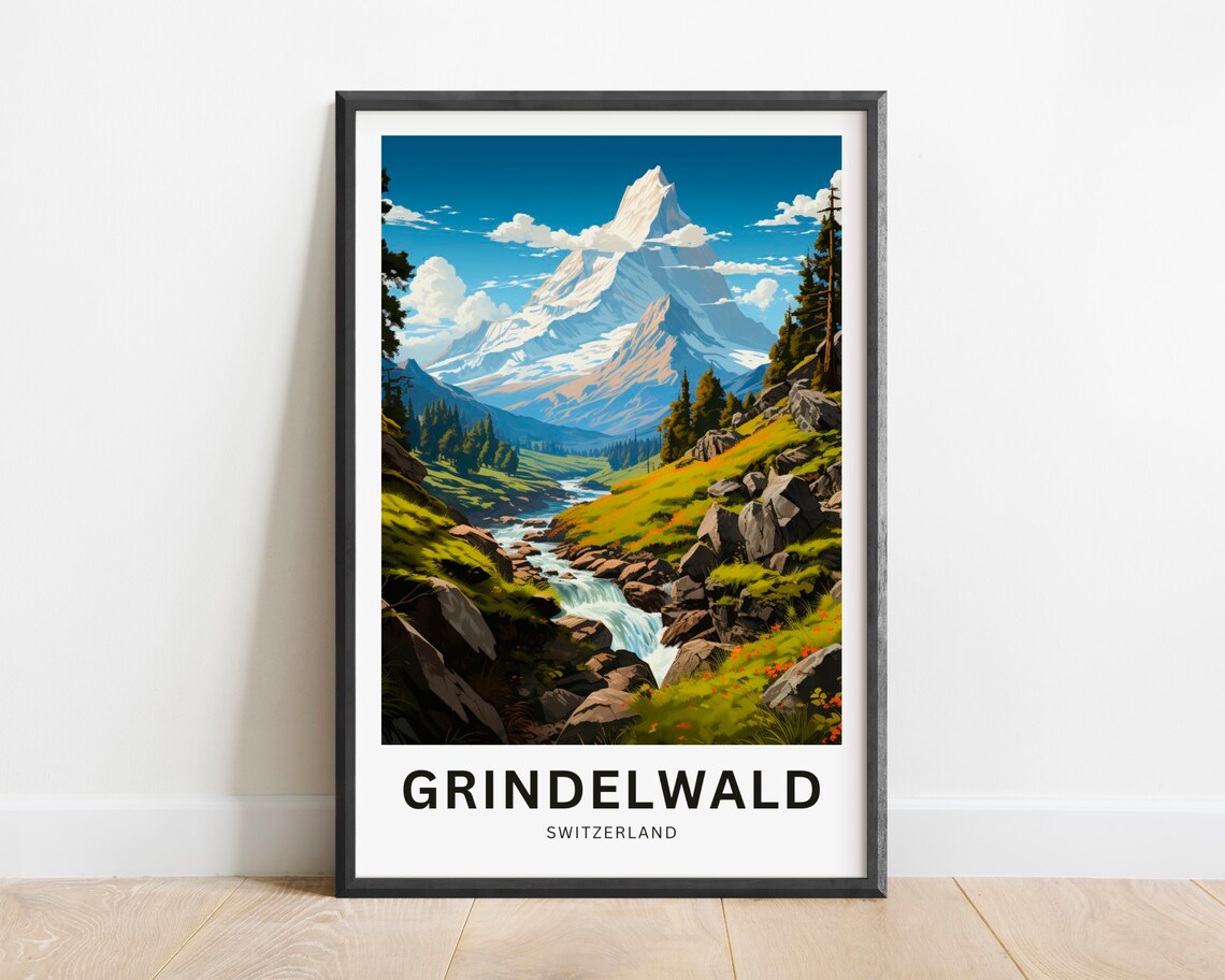 Grindelwald Switzerland Alpine Peak Stream Mountain Travel Poster