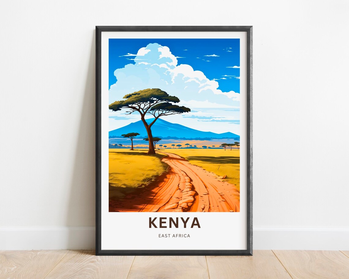 Kenya East Africa Golden Savanna Road Acacia Trees Travel Poster