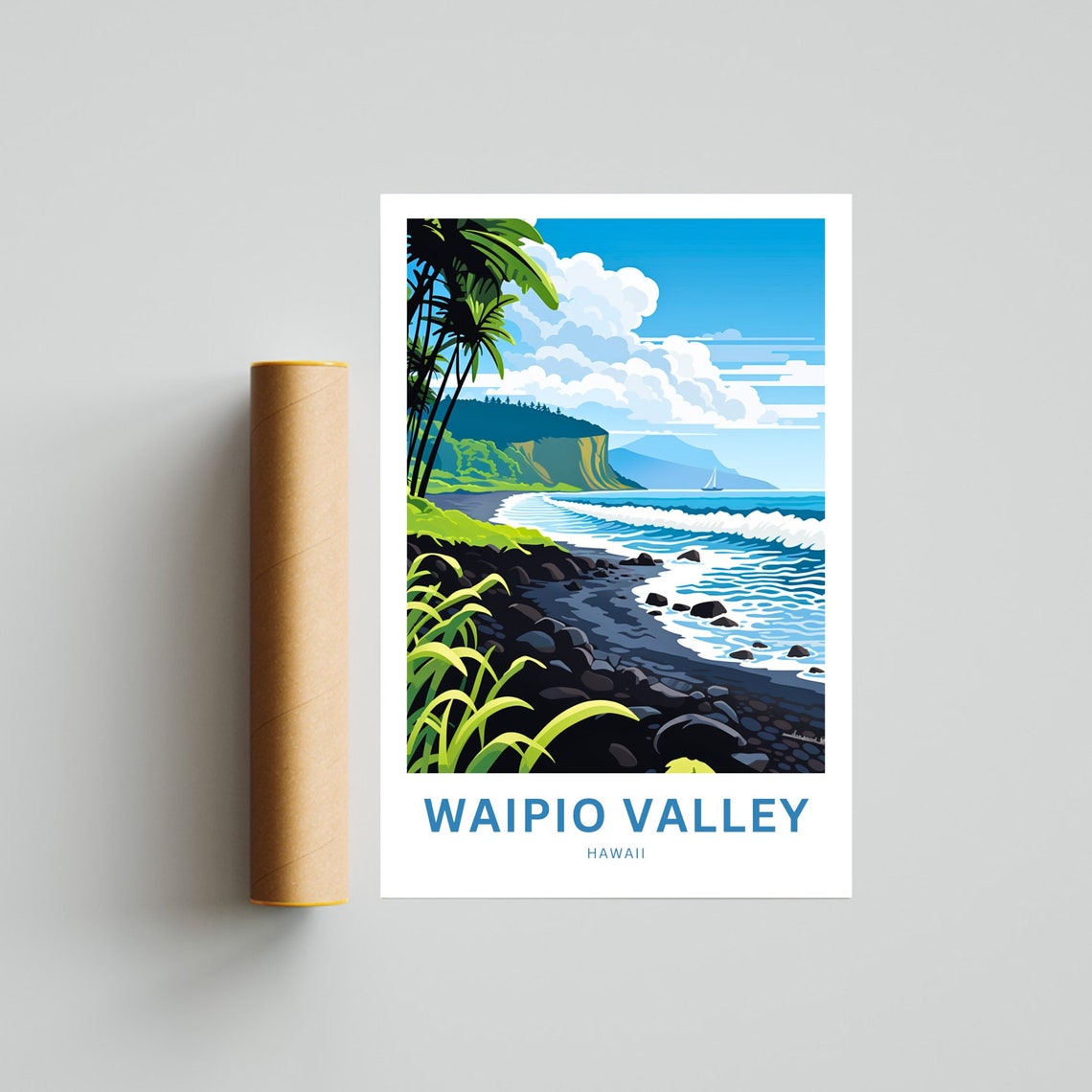 Waipio Valley Hawaii Dramatic Black Sand Shore Palm Trees Poster - Image 4