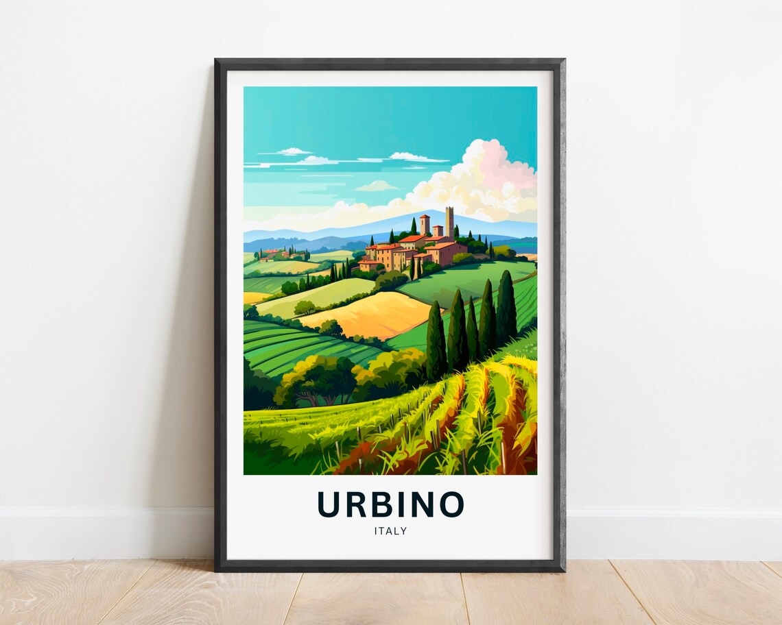 Urbino Italy Rolling Hills Vineyard Cypress Village View Poster