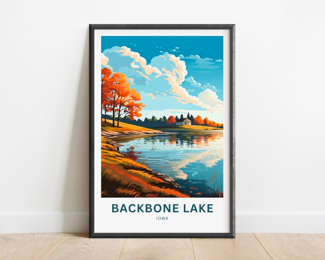 Backbone Lake Iowa Fall Trees Calm Water Reflections Travel Poster