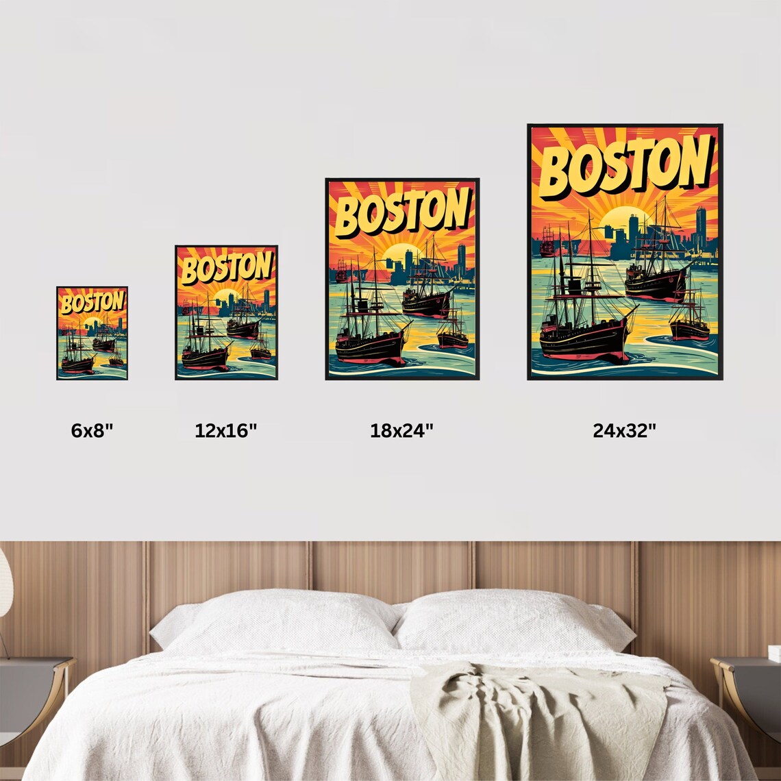 Boston Retro Sunset Tall Ships Harbor Skyline Vintage Travel Poster - Image 4