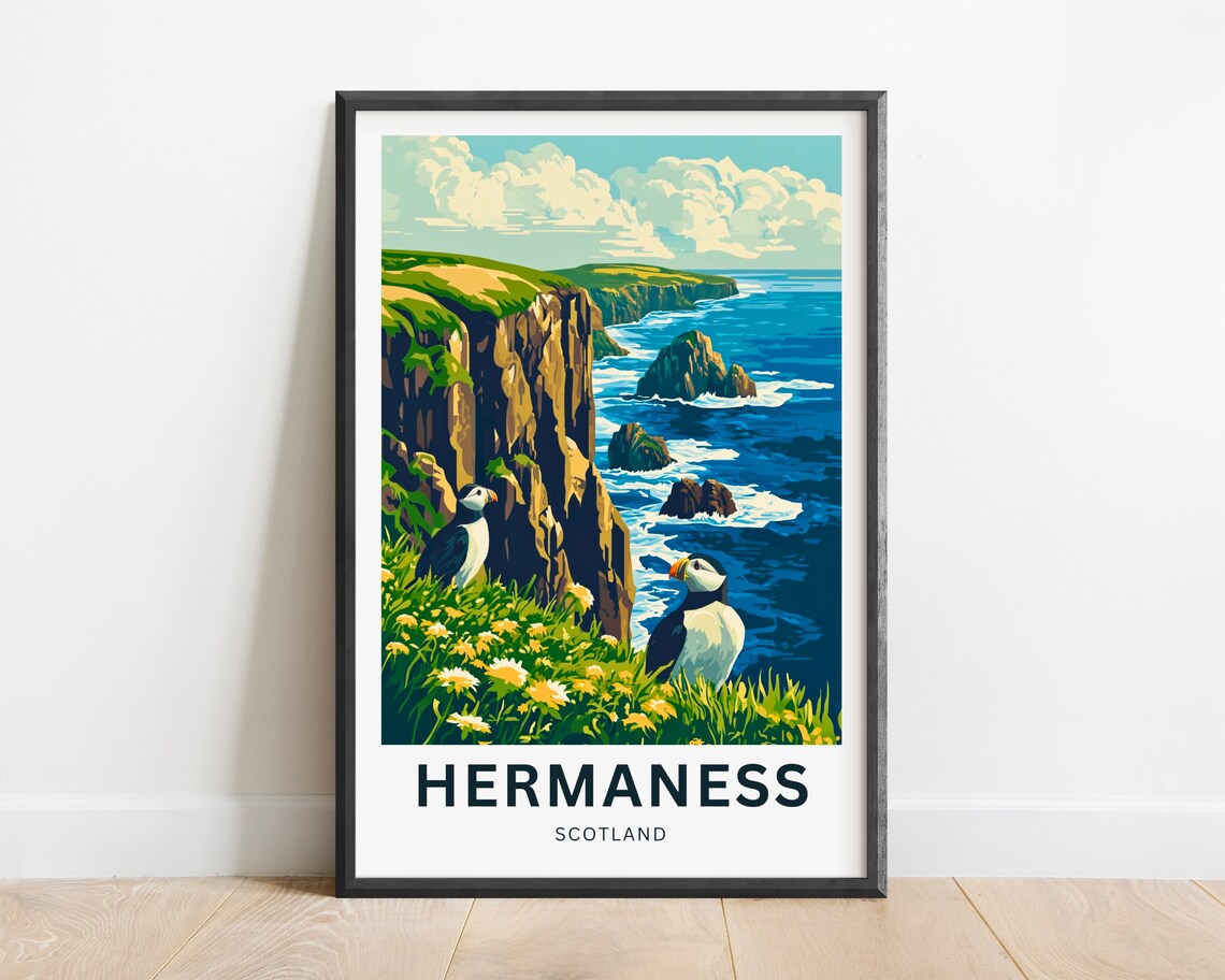 Hermaness Scotland Puffins on Clifftop Overlooking Sea Stacks Poster