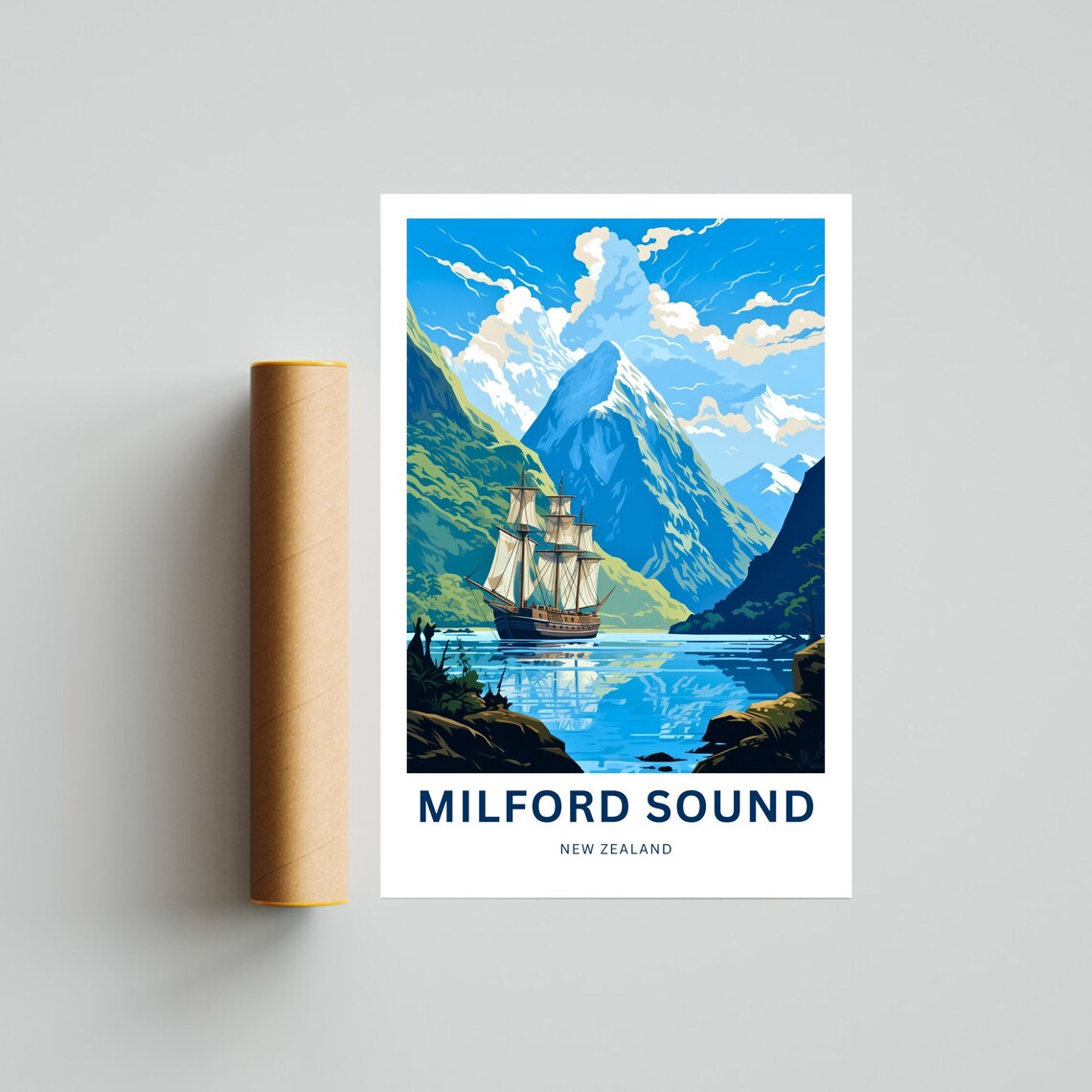 Milford Sound New Zealand Tall Ship Green Hills Mountain Travel Poster - Image 4