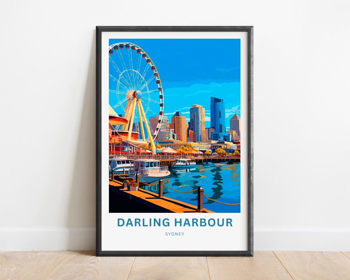 Darling Harbour Sydney Ferris Wheel Marina Retro Travel Poster