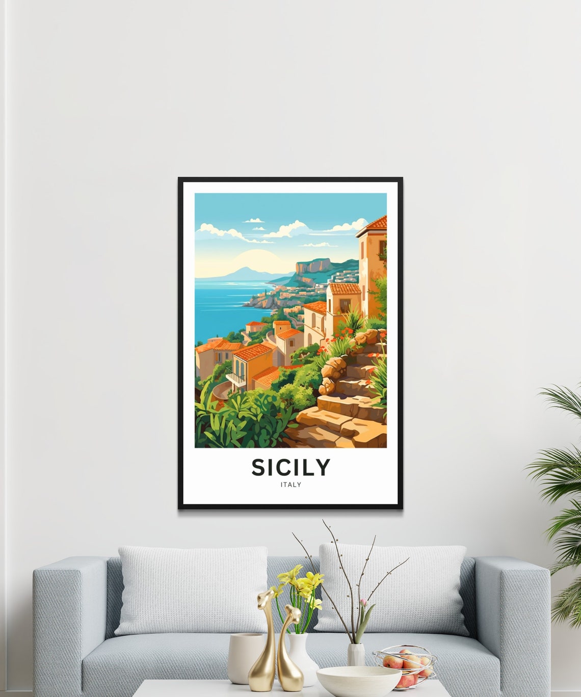 Sicily Italy Custom Text Terracotta Coast Town Seaview Travel Poster - Image 3