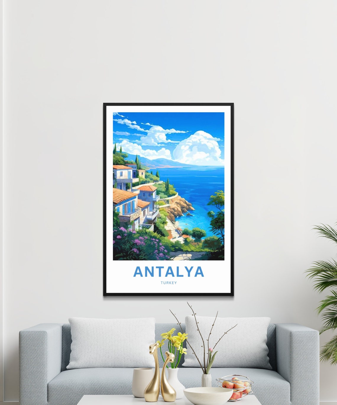 Personalized Antalya Turkey Poster with Cliffside Coastal Homes Art - Image 3