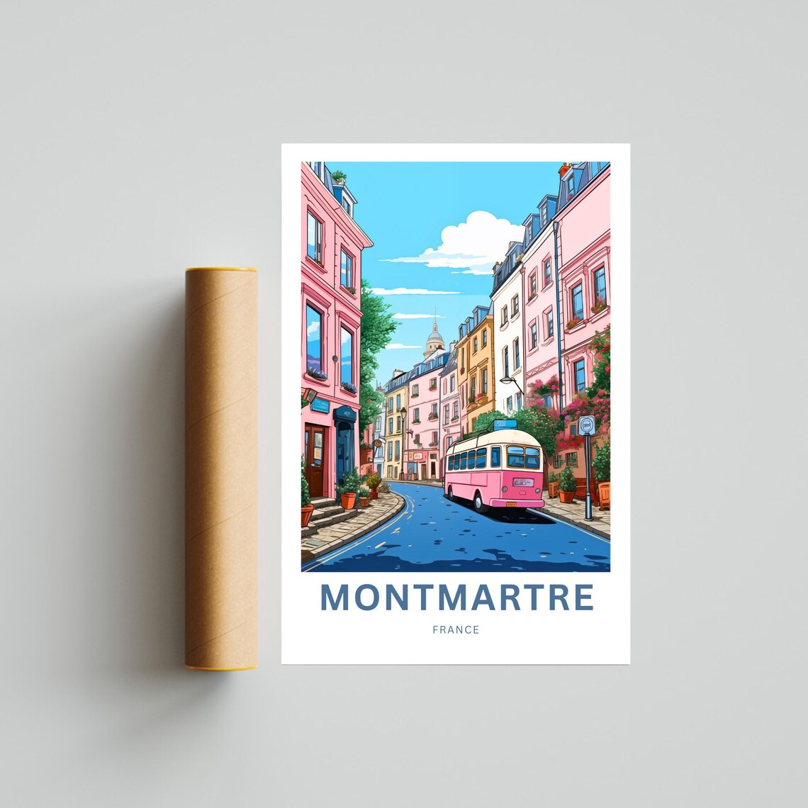 Montmartre France Parisian Street Vintage Bus Cheerful Travel Poster - Image 4