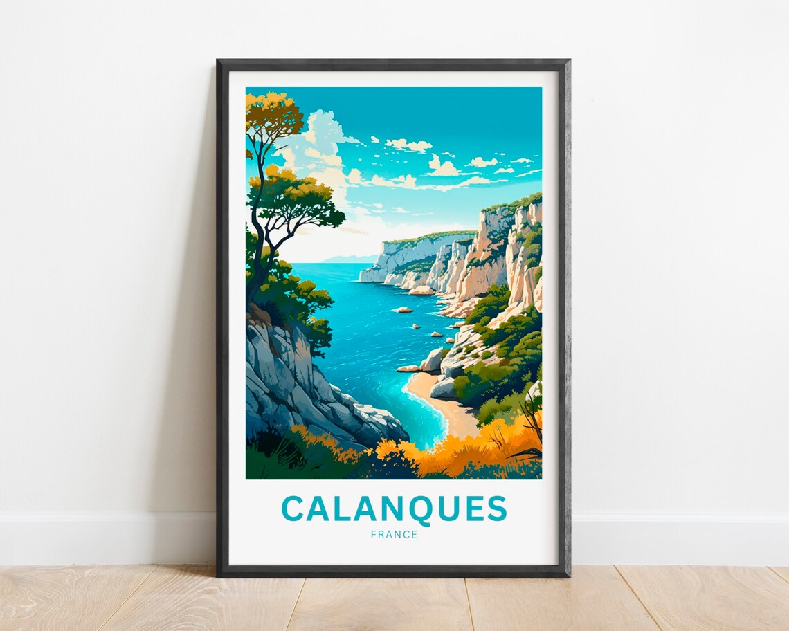 Calanques France Turquoise Cliffs Cove Travel Poster Retro Art