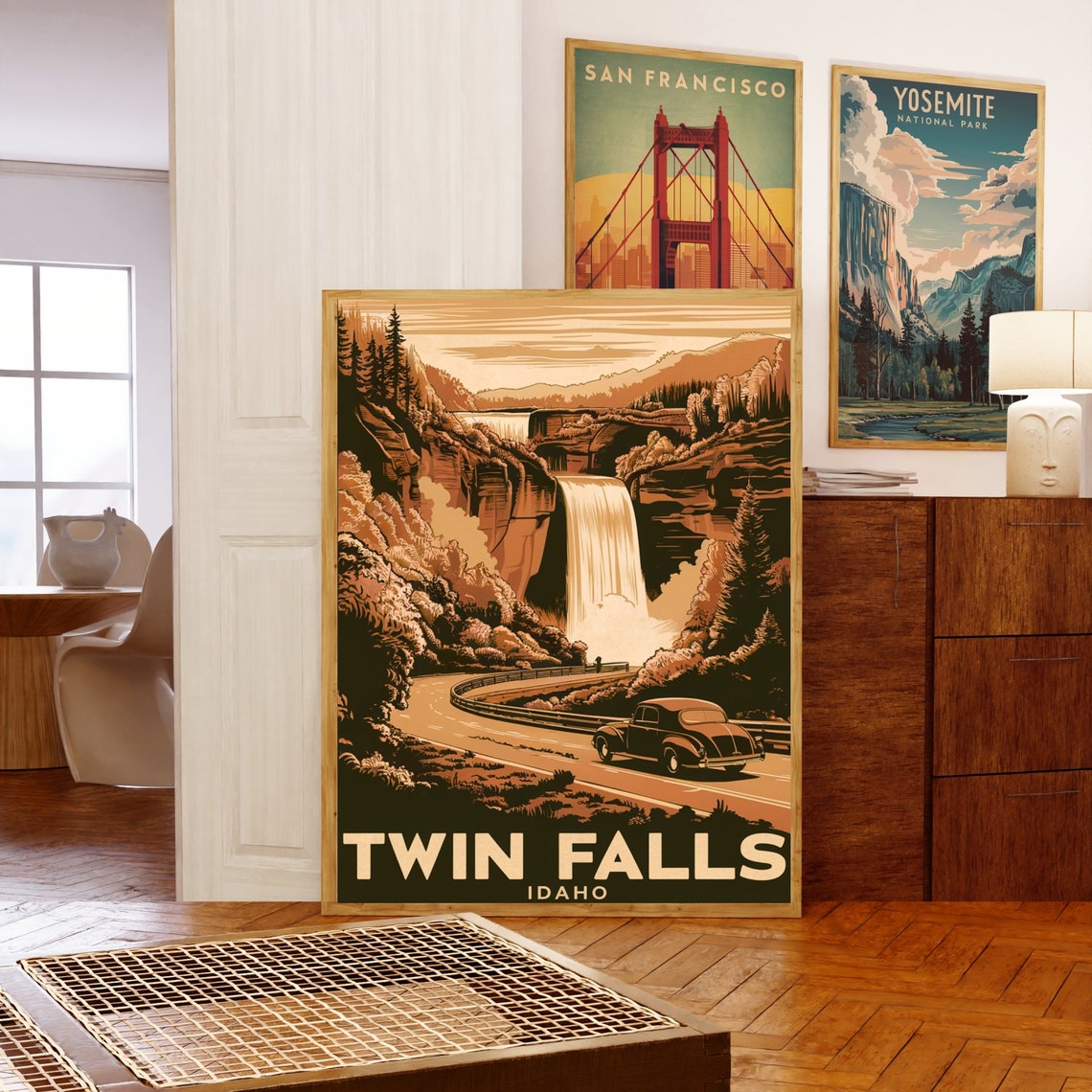 Twin Falls Idaho Sepia Waterfall Classic Car Vintage Travel Poster - Image 5