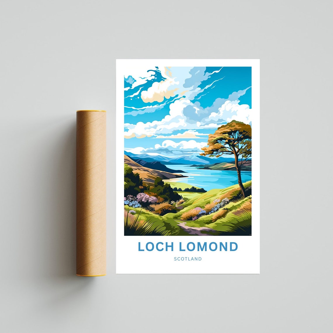 Loch Lomond Scotland Green Valley Hills Under Big Blue Sky Poster - Image 4