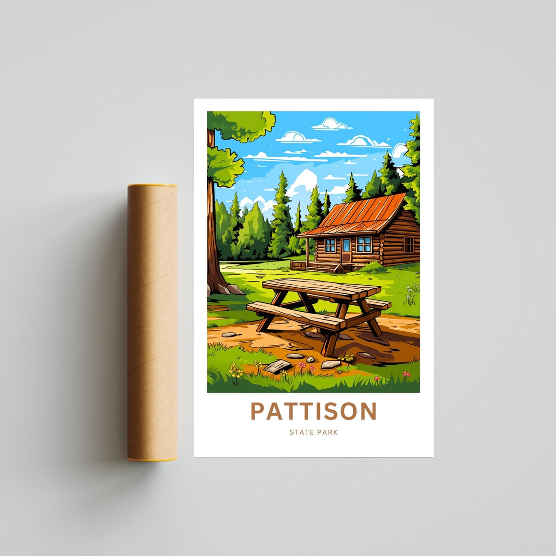 Pattison State Park Log Cabin Pine Meadow Picnic Travel Poster - Image 4
