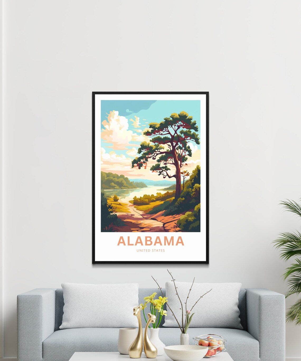 Alabama United States Travel Poster Lake Pine Tree Nature Sunset Art - Image 3