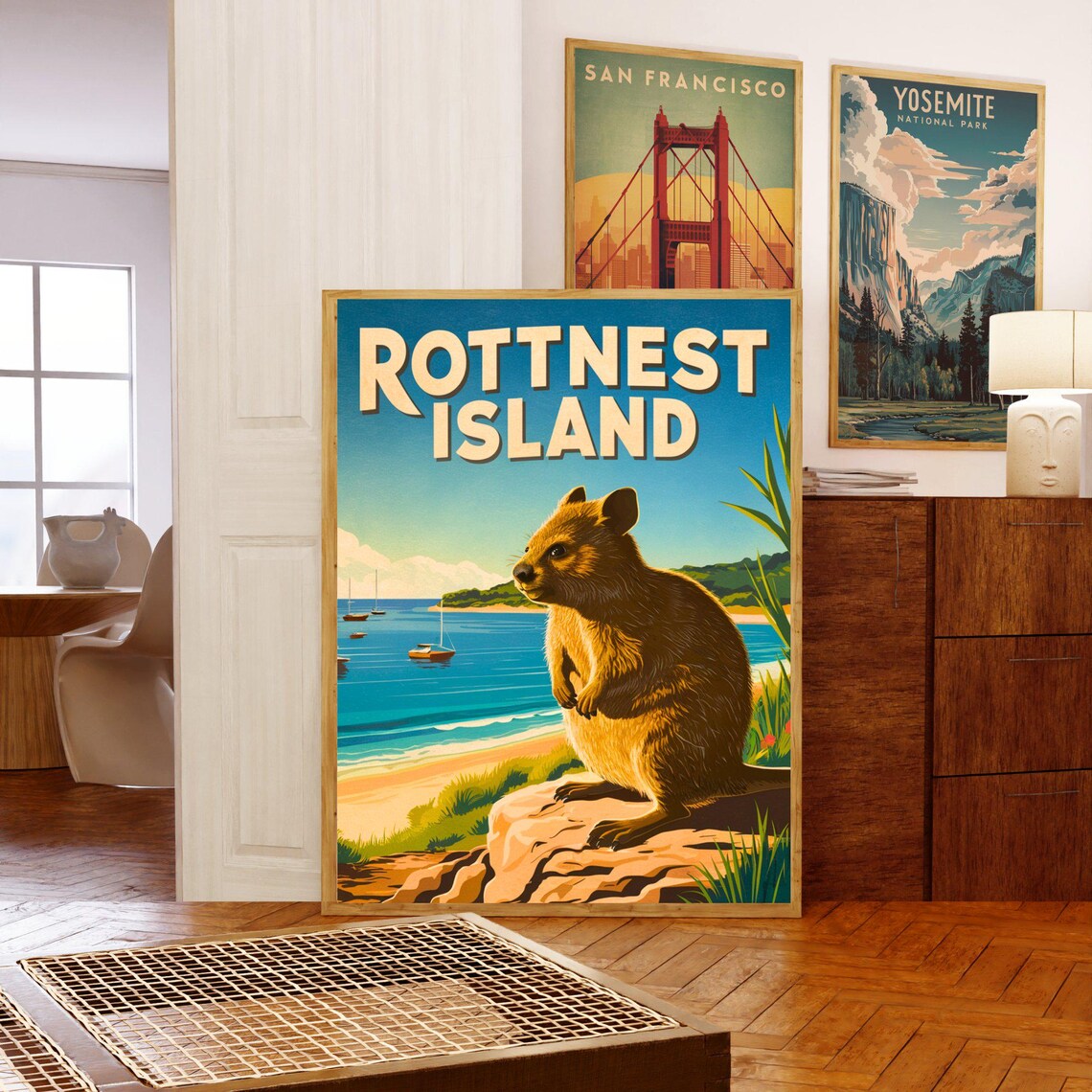 Rottnest Island Quokka on Rock Beach Sailboats Vintage Travel Poster - Image 5