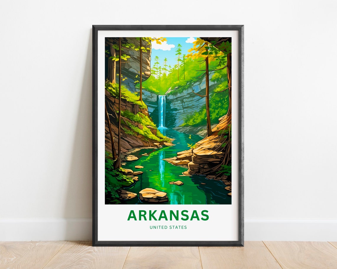 Arkansas Tall Waterfall Canyon Emerald Pool Forest Travel Poster