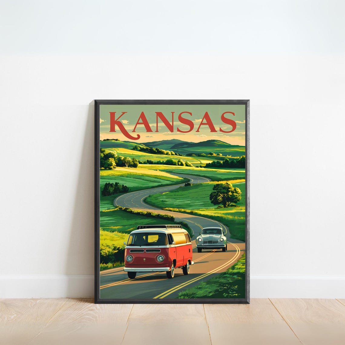 Kansas Road Trip Classic Camper Van Winding Road Vintage Poster