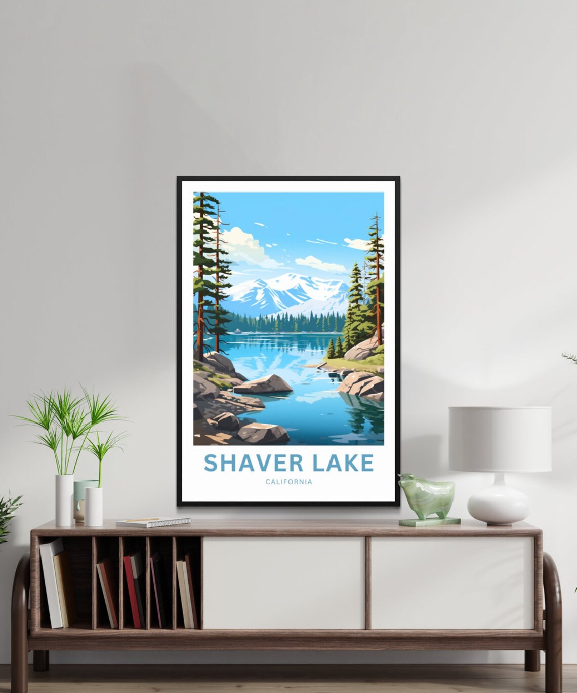 Shaver Lake California Rocky Cove Snow Peaks Travel Art Poster - Image 2