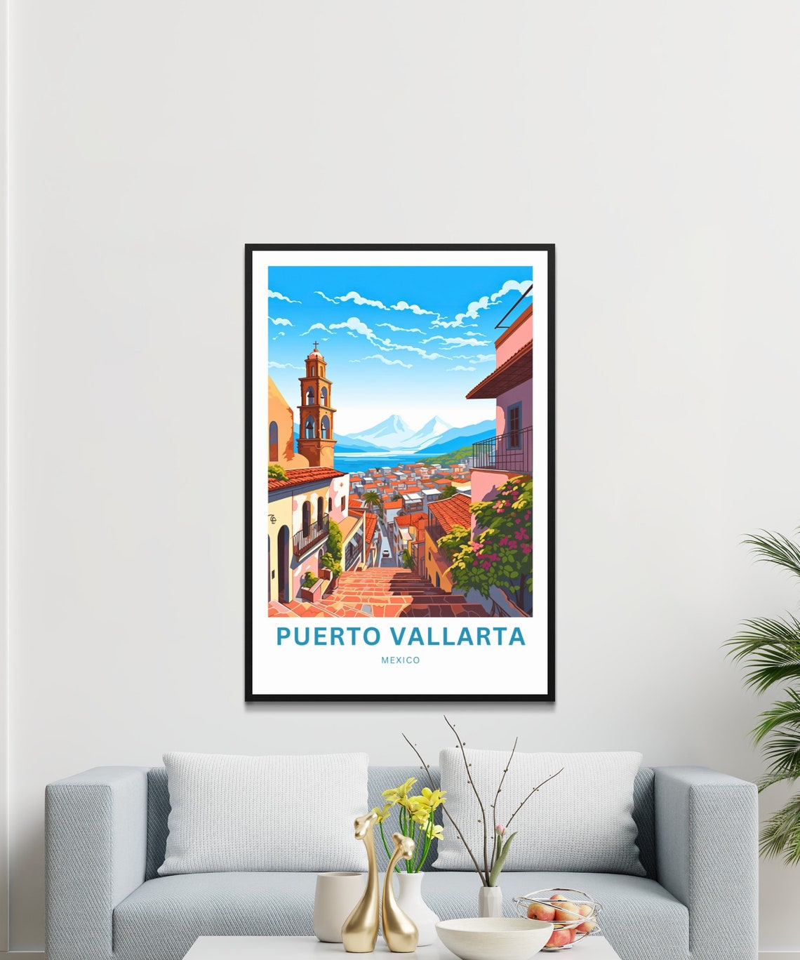 Personalized Puerto Vallarta Mexico Travel Poster Hilltop Street Town - Image 3