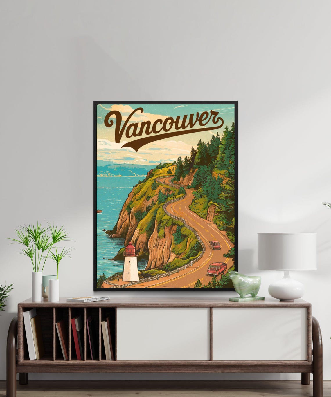 Vancouver Canada Coastal Cliff Road Lighthouse Retro Travel Poster - Image 2