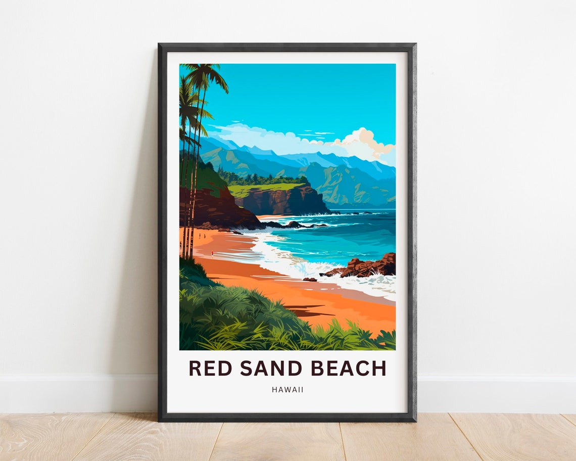 Red Sand Beach Hawaii Sunset Cliffs Palm Beach Scene Travel Poster