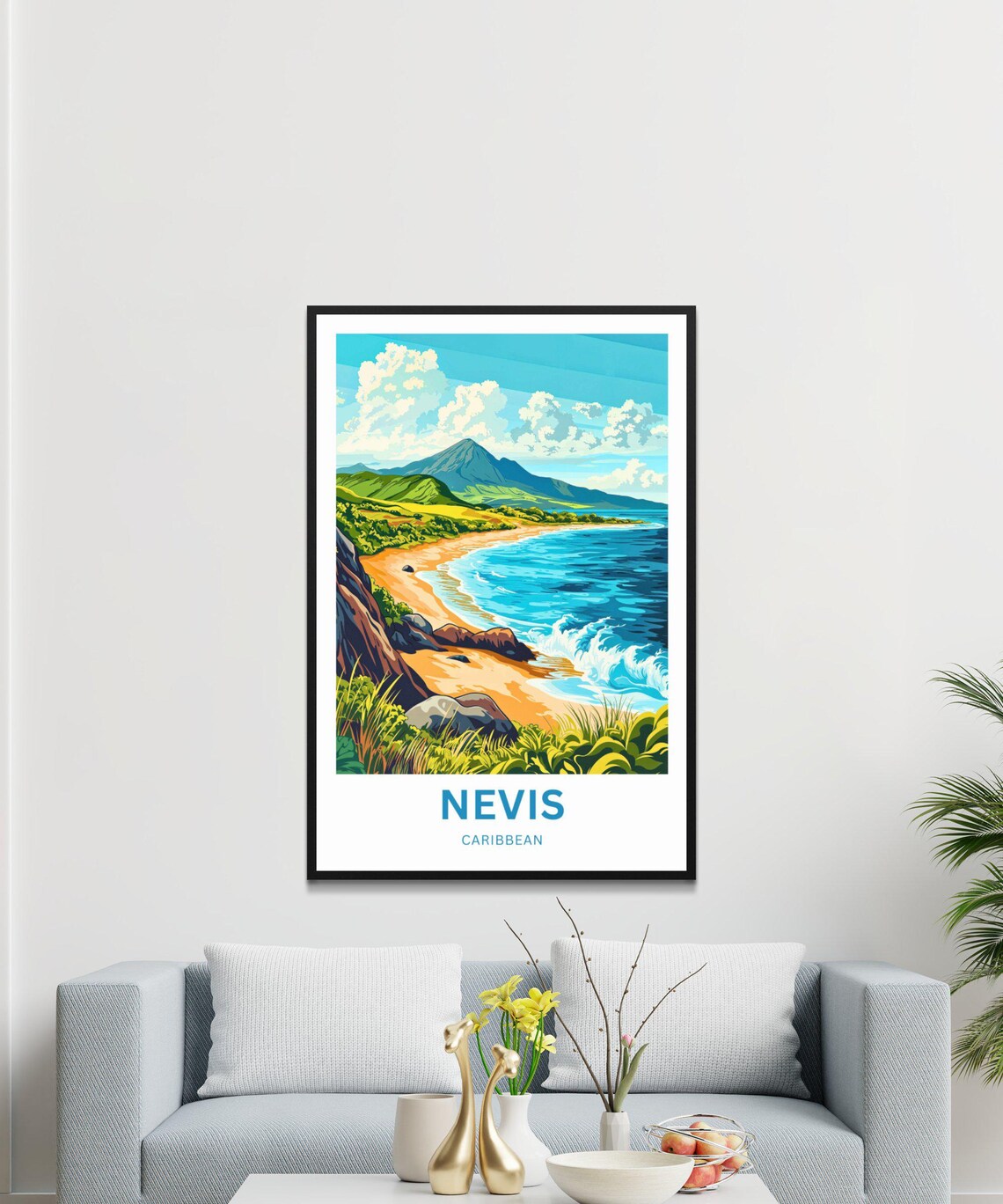 Nevis Caribbean Golden Tropical Beach Mountain Coast Seascape Poster - Image 4