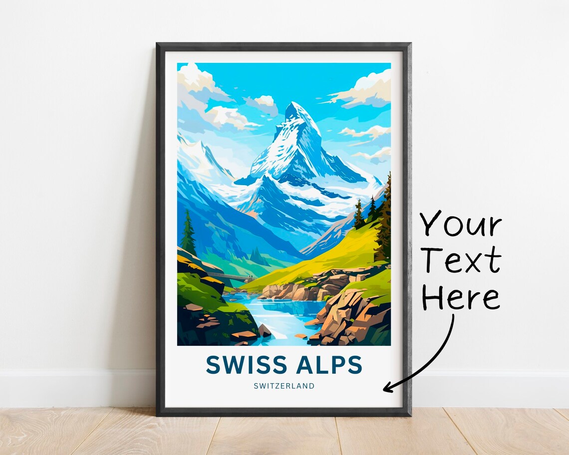 Personalized Swiss Alps Peak Lake Summer Custom Travel Poster Art