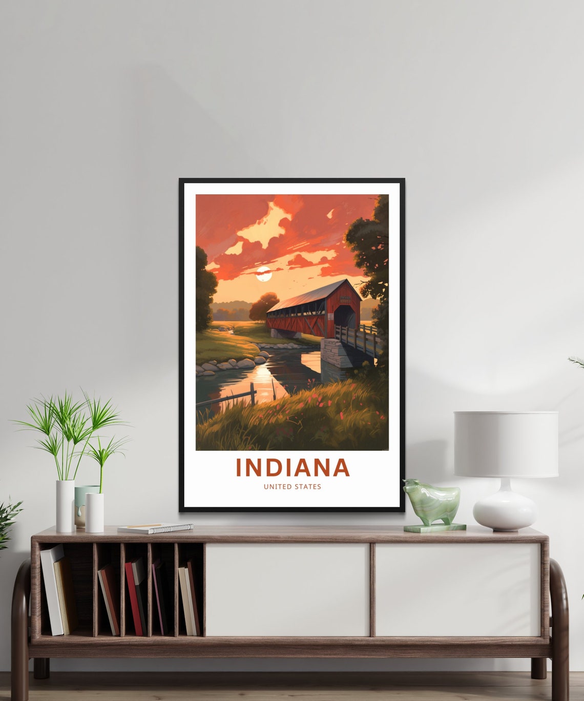 Indiana Covered Bridge Sunset Creek Vintage Travel Poster USA - Image 2
