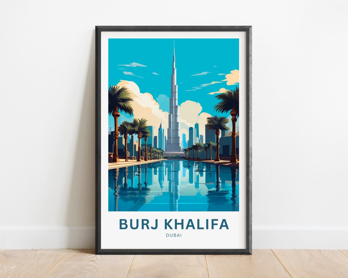 Burj Khalifa Dubai Skyline Palm Trees Water Reflection Travel Poster