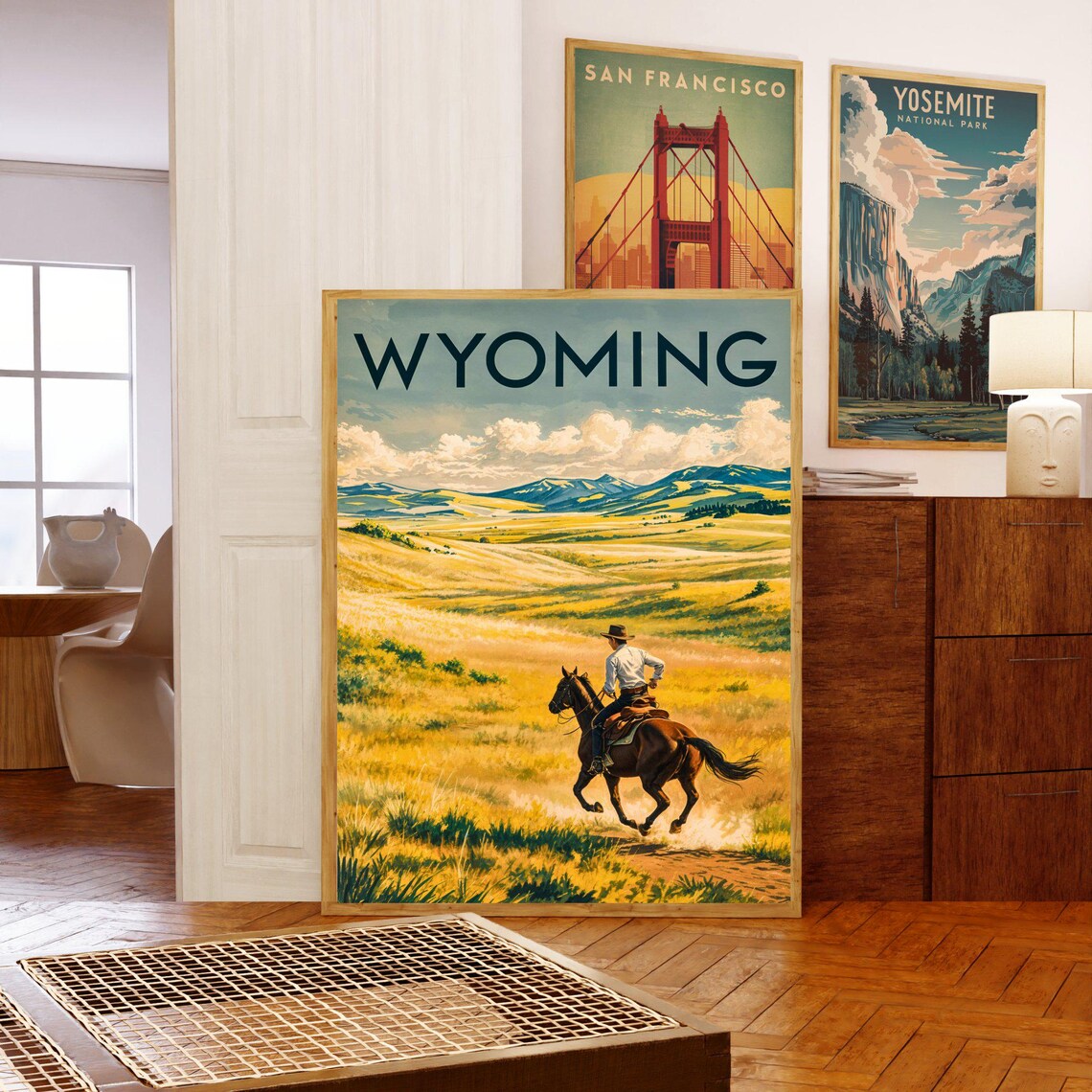 Wyoming Vintage Cowboy on Horseback Golden Plains Scene Travel Poster - Image 5
