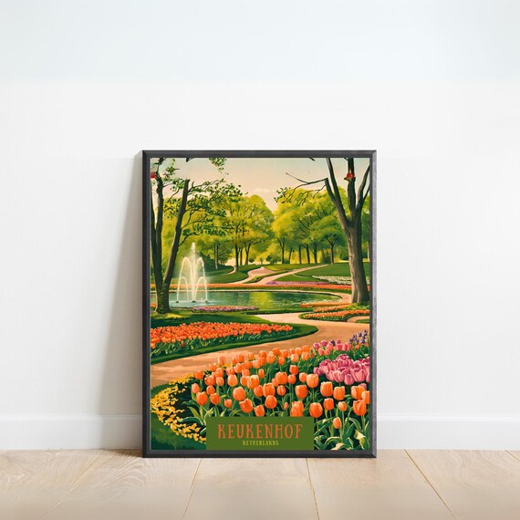 Keukenhof Netherlands Tulip Gardens Fountain Vintage Travel Poster