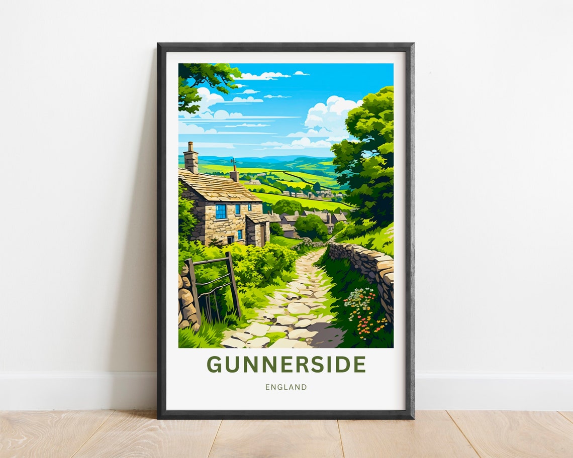 Gunnerside England Stone Cottage Cobbled Lane Village Travel Poster