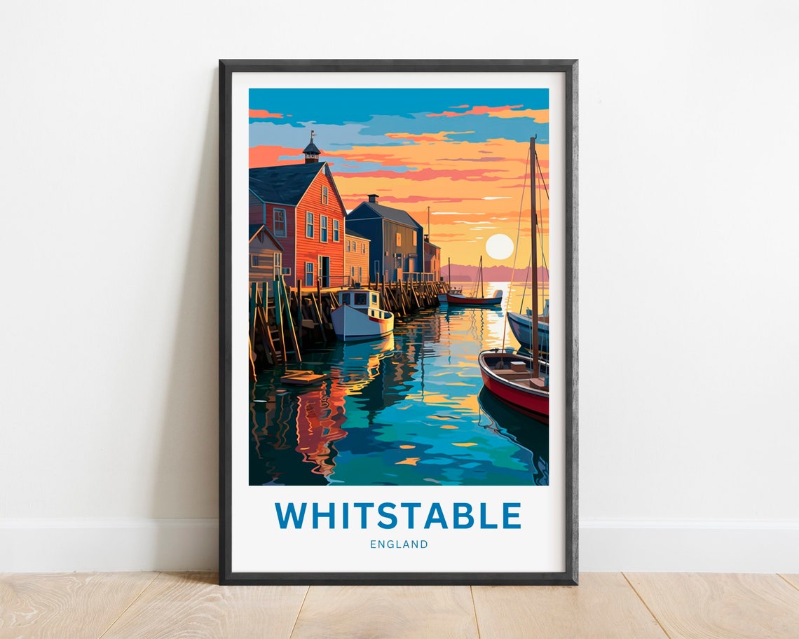Whitstable England Sunset Harbor Warehouse View Vintage Travel Poster