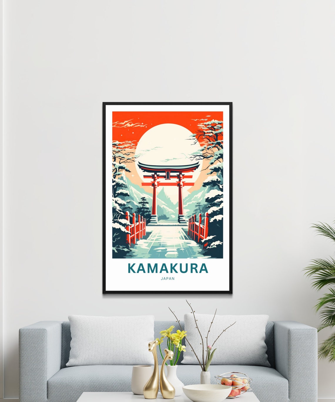 Kamakura Japan Red Torii Gate Snowy Moonlit Night Travel Poster - Image 2