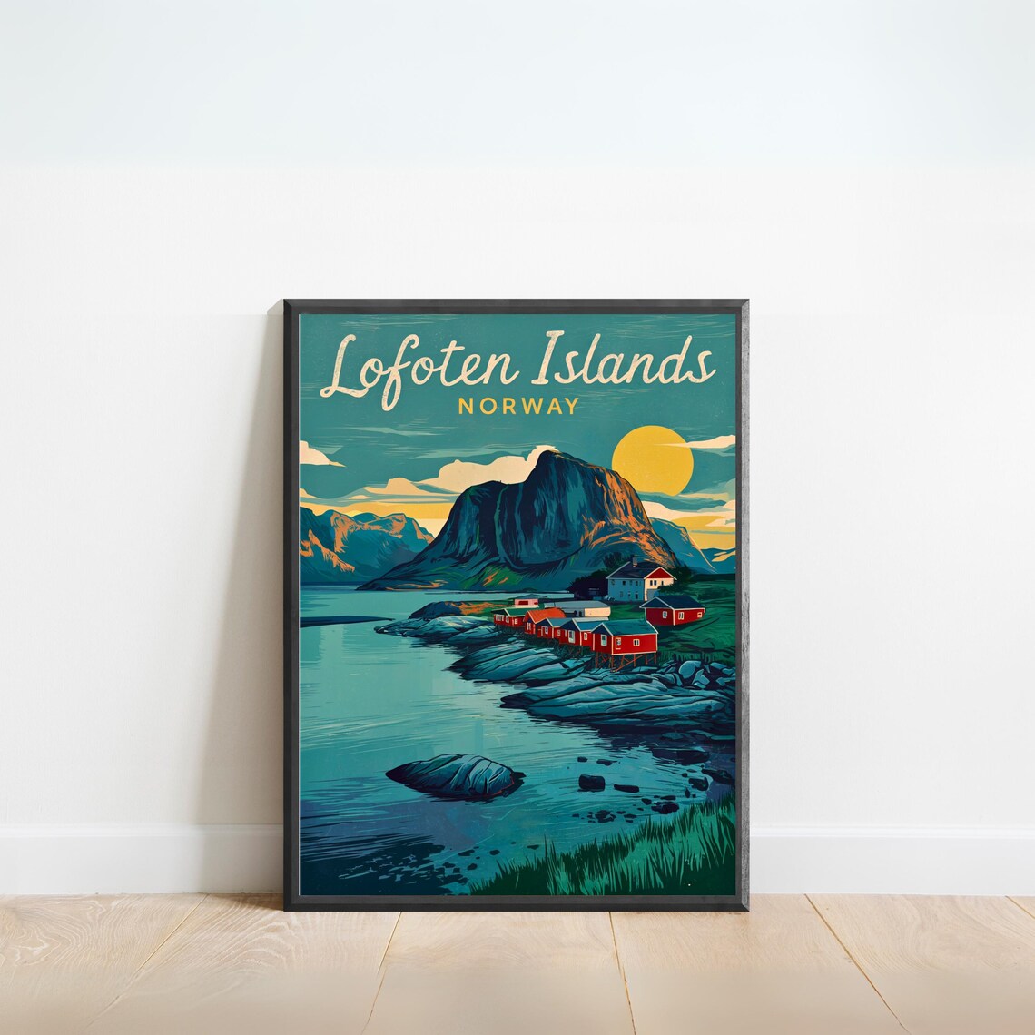 Lofoten Islands Norway Vintage Fishing Cabins Sunset Sea Poster