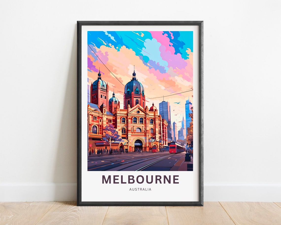 Melbourne Australia Flinders Street Station Tram Sunset Travel Poster