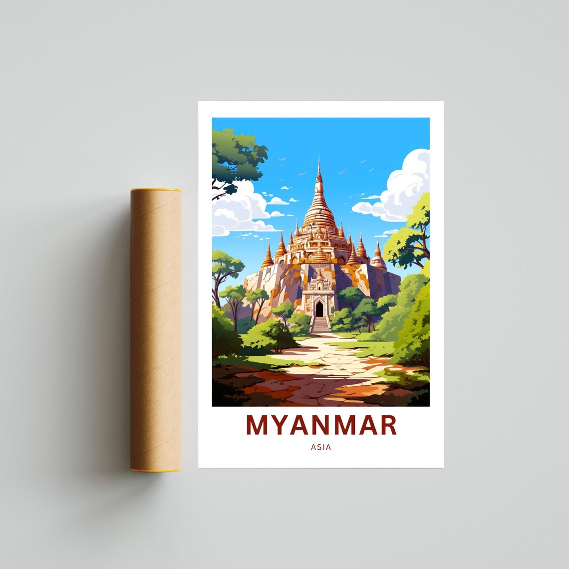 Myanmar Asia Golden Buddhist Temple Among Lush Green Trees Poster - Image 4