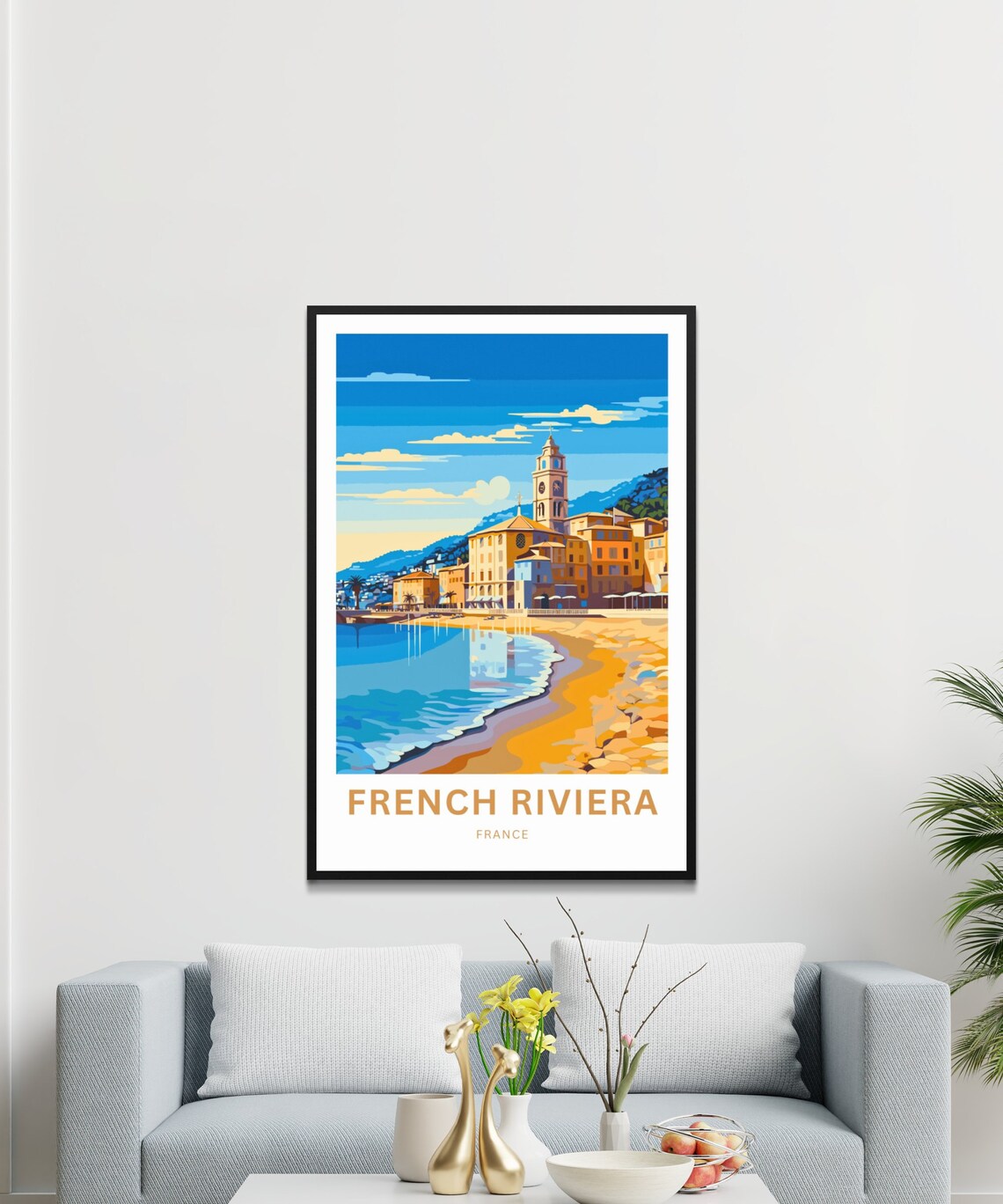 French Riviera France Travel Poster Golden Beach Clock Tower Town Art - Image 3