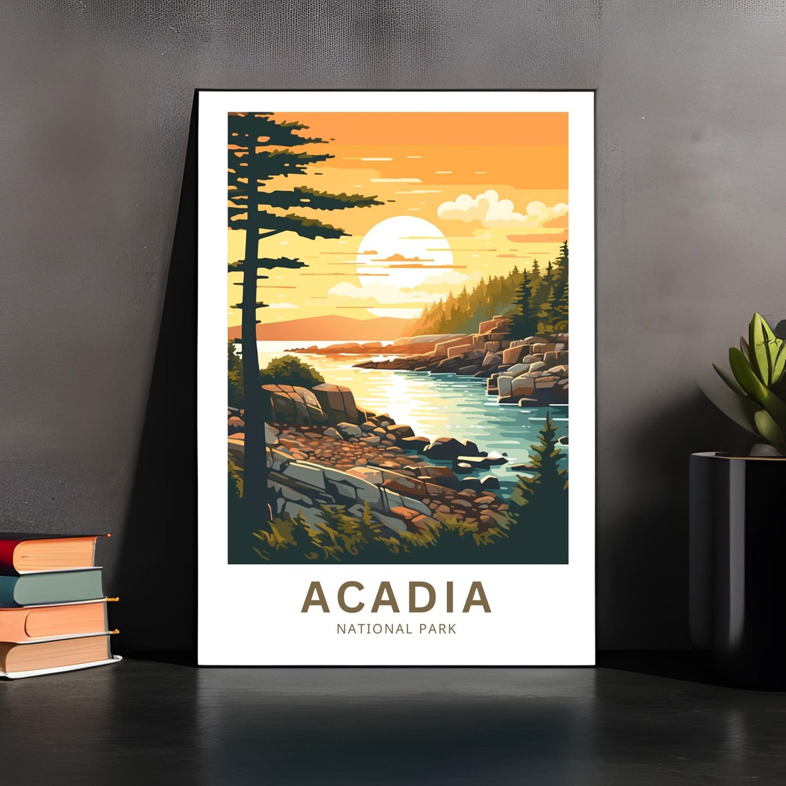 Acadia National Park Maine Glowing Sunset Rocky Coast Travel Poster - Image 2