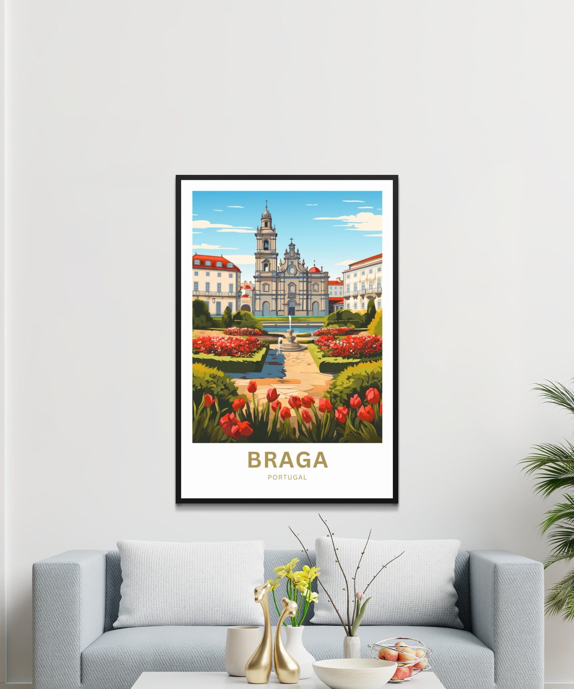 Braga Portugal Courtyard Fountain Tulips Personalized Travel Poster - Image 3