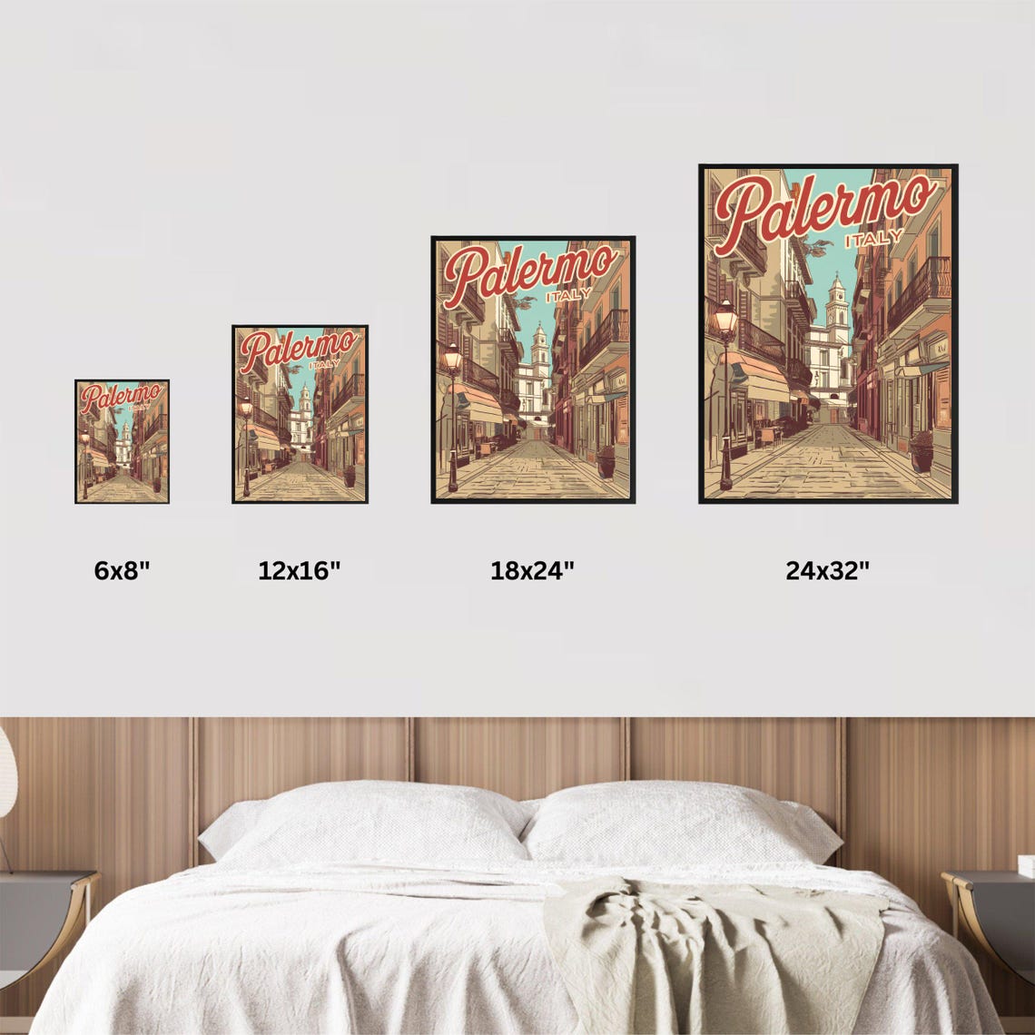Palermo Italy Cobblestone Old Town Street Retro Travel Scene Poster - Image 2