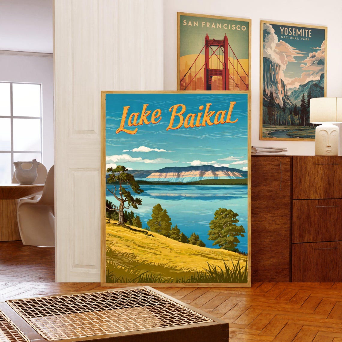 Lake Baikal Vintage Poster with Golden Shore and Calm Waters Art - Image 5