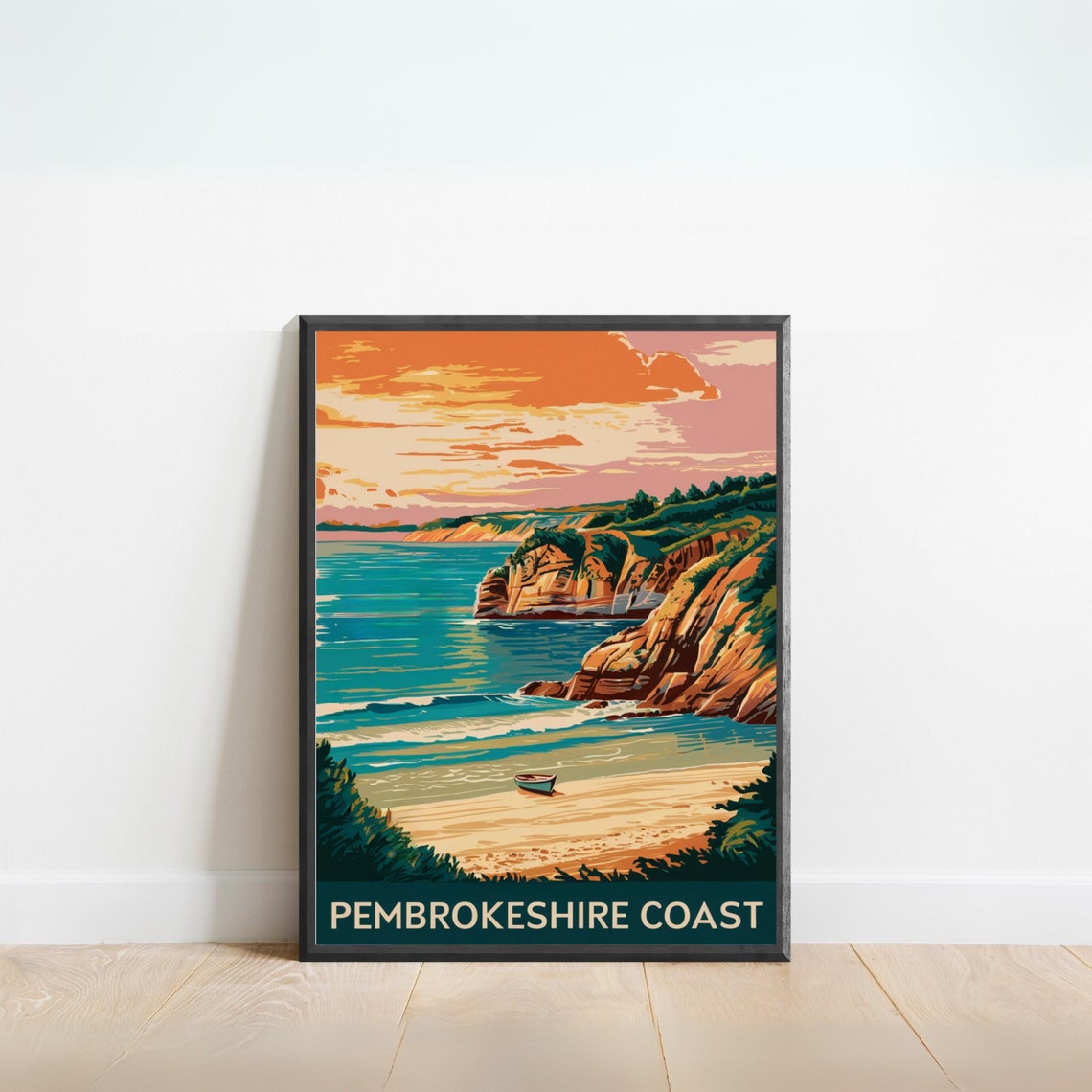 Pembrokeshire Coast Wales Sunset Beach Cliffs Vintage Travel Poster