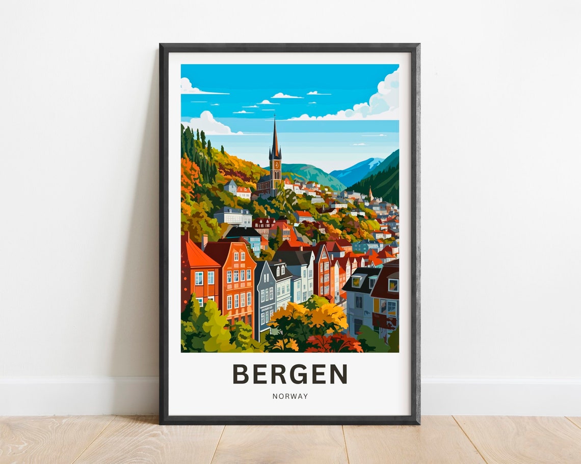 Bergen Norway Hillside Church Spire Autumn Rooftops Travel Poster