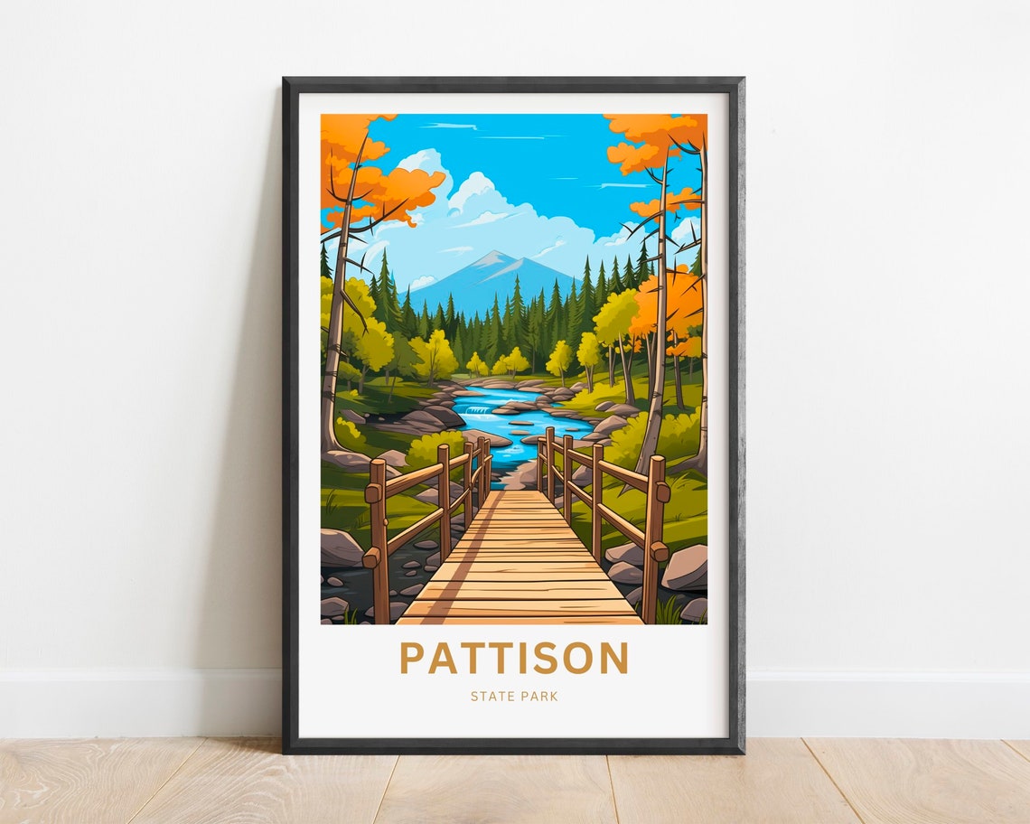 Pattison State Park Autumn Bridge Waterfall Forest Travel Poster