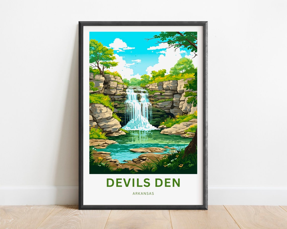 Devils Den Arkansas Waterfall Cliffs Travel Illustration Poster