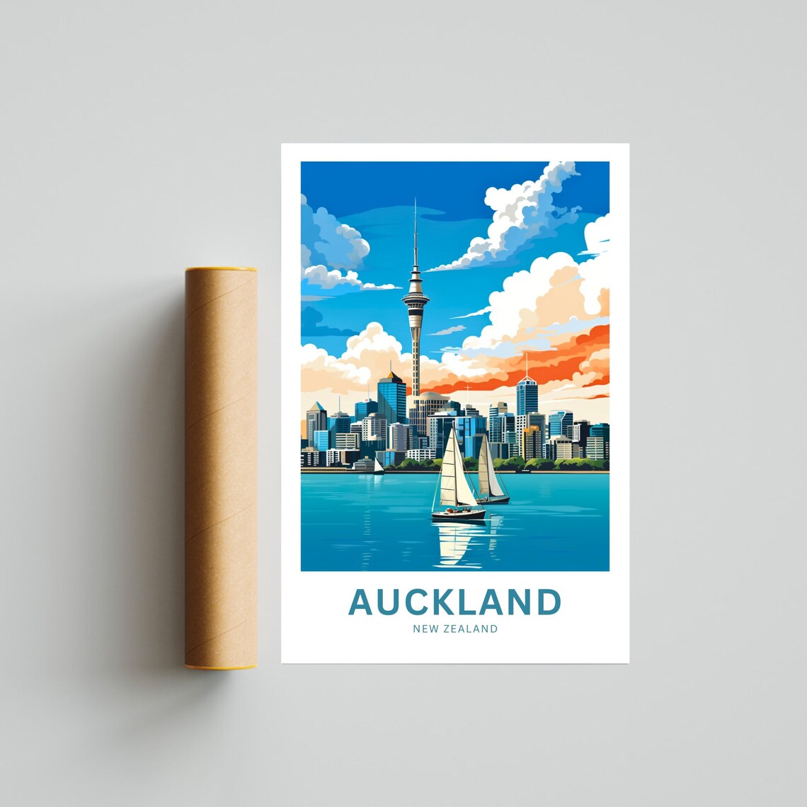 Auckland New Zealand Sky Tower Sunset Sailboat Scene Travel Poster - Image 4