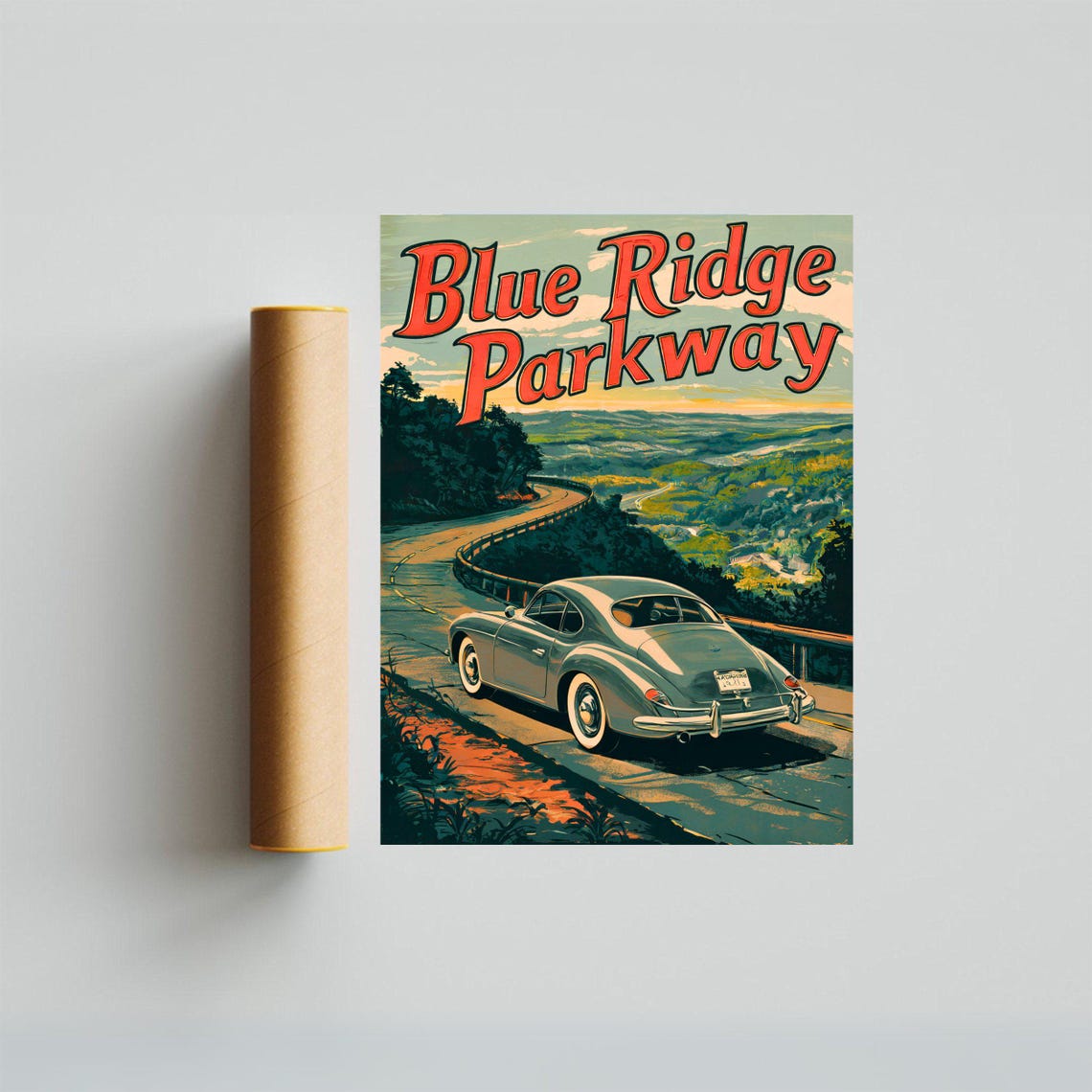 Blue Ridge Parkway Retro Silver Coupe Mountain Drive Travel Poster - Image 3